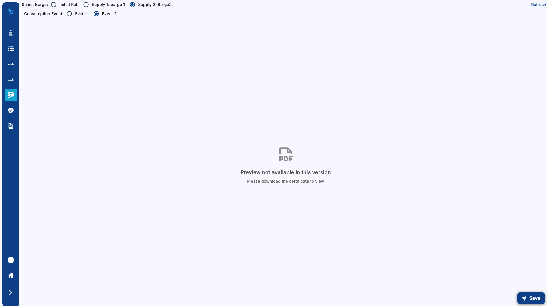 BluSense On-Hire/Off-Hire certificate generator with barge and consumption event selector