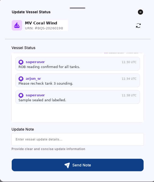 BluSense real-time vessel status update panel with a timestamped survey message log